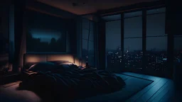 penthouse bedroom at night, dark gloomy, A room with a view of the city from the bed, generative ai By Annulus Studio