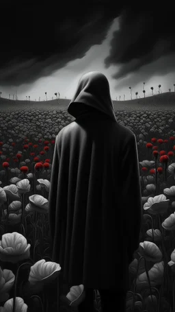 Bosch nightmares paining style Title:a field of poppies all colored in black and white, a hooded man in the dark standing in the middle , 8k artistic photography, photorealistic concept art, soft natural volumetric cinematic perfect light, chiaroscuro, award-winning photograph, masterpiece, oil on canvas, Raphael, Caravaggio, Greg Rutkowski, people, beksinski, Giger