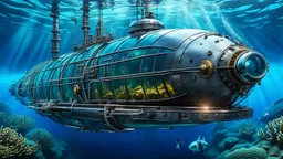 An unique cyber steampunk glass and metal submarine in the ocean, with large of water surrounding it. The submarine bottom positioned in the center of the frame, providing a unique perspective on this streamlined high-techstructure and interior equipment underwater, high detalied, sharp focus, best shot, sci-fi mood