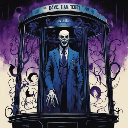 "THE TICKET MAN", Modern movie poster art, surreal cosmic horror tale about the Ticket Man who is a haunted animatronic dummy trapped in a glass carnival ticket booth, midnight blue and dark violet dual color scheme, creepy, ink illustration, weirdcore, art from beyond, dramatic, poster art masterpiece, by Ben Templesmith and Dave McKean