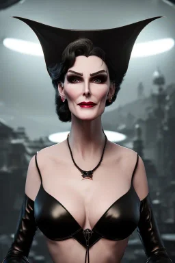 Carmen Dell`orifice as evil queen in black leather gown, angry, busty, curvey, cleavage, unreal 5, octane render,cinema4d, dynamic lighting, dramatic lighting, 4k, redshift render, highly detailed, hyper realistic