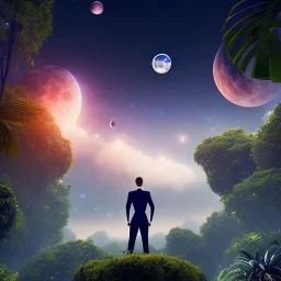 Boy seting on roof and looking at sky in night, sky full of stars and moon, jungle in background, cinematic effect , beautiful landscape, high details high quality,8k