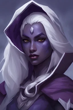 Dungeons and Dragons portrait of the face of a female drow rogue with pale armor, dark purple skin, and white hair