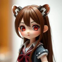 a close-up headshot of a chibi woman with long brown hair, red eyes, brown ferret ears, a mischievous expression, American clothes, intricately detailed, masterpiece, anime chibi doll