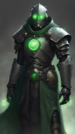 Male Warforged robotic cleric, with round green glowing eyes, cloak, wearing black chain armor, medieval style, dungeons and dragons