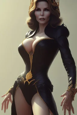 Jaclyn Smith as evil queen in black leather, busty, cleavage, dominatrix, curvy, angry, stern look. character design by cory loftis, fenghua zhong, ryohei hase, ismail inceoglu and ruan jia. unreal engine 5, artistic lighting, highly detailed, photorealistic, fantasy