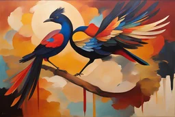 Create a painting of mysterious fortune Bird with having two leg for wealth and busines growth, earthen background, vibrant rich dark colors combining with bstract shapes and warm color palettes, letting the painting take on an organic and earthy vibe