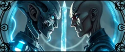Close-up confrontation between an ancient alien outcast leader synth and a space broker, standing only a meter apart, intense eye contact, glowing crystalline rod between them, anger mixed with sadness, dramatic facial expressions, shallow depth of field, cinematic lighting, stylized 3D anime, airbrush painting, crisp outlines, , rembrandt , black swirly border with sacred geometry, characters drawn in front of border