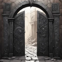 [illustration by Grzegorz Rosiński] Ahead, an archway of fused bone and skulls frames an ancient iron door etched with strange, angular sigils. The air smells of old blood and something… burnt.