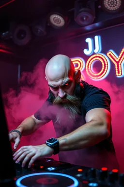 An "angry DJ" performing at dance club, his name is "Roy" Very hard looking with bald and beard, angry and intensiv staring, Glowing red eyes, Neon lights and smog, "DJ ROY" big sign on the wall