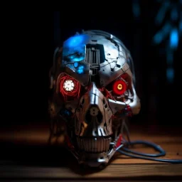 half destroyed robot head lying on a wooden surface, silver face parts, rgb lights rugged face, strings and metal pieces sticking, blue and red eyes bright glow lights, inner machinery look, oil leak, cinematic macro shot,