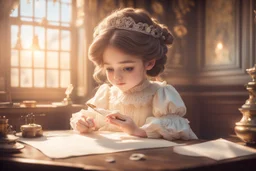 cute chibi contented victorian princess writing a letter in a victorian room in sunshine, ethereal, cinematic postprocessing, dof, bokeh