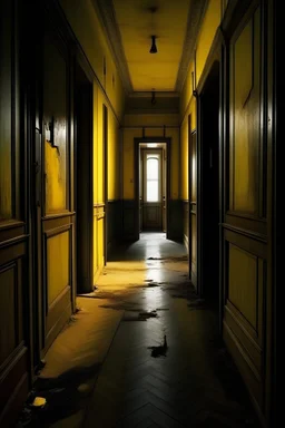 a scary dark eternal corridor filled with doors, the background is musty with a little fog and the walls have a yellow old peeling wallpaper, there is dust in the floor and there are marks of sratches over the walls and doors