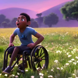 black boy joy, black teenage boy in wheelchair frolicking through a meadow with unrestrained happiness