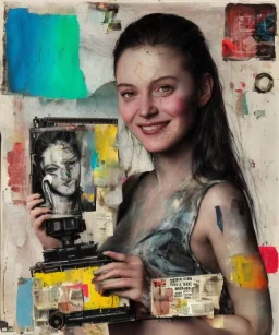 happy beautiful girl holding big proffesional camera in studio. street art, oil on canvas, spray paint, collage, letters, newspapeers, Dave McKean, Vladimir Fedotko, Saturno Butto, Vaughn Bodé, Frank Wu, James C. Christensen, collage, dirty, paint dripping, radiant