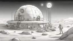 sketch drawing of tranquility base colony on the moon, sci fi futristic dome structure with oxygen tank and farms. moon base.