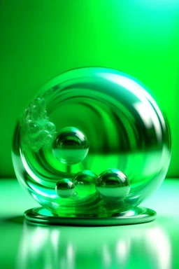 large and small glass balls swirling on the tableland, calming nerves, relaxation, in the background abstract flexible gentle statue, light shades, green tint background