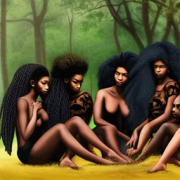 Octane rendered. .a group of women.five young black women sitting around a fire. Black Sisters. Sitting and Standing together. 4k Painting. Detailed. Fine details. the faces of 5 young black women. Young women sitting wood nymphs emerging from the forest. THeir hair looks like vines. Dreadlocs. Their skin is the colour of dark soil. their skin looks like tree bark. Their clothing is made of vines, grass and leaves.