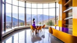 A woman with a purple dress standing in a modern room with large windows overlooking a mountainous landscape, a round table with orange chairs, and wooden stairs on the left.