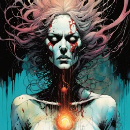 a surreal portrait of the inner workings of her disturbed mind as a nightmarish charnel house of screaming pain , in the comic book style of , Bill Sienkiewicz, , Alex Pardee , and Jean Giraud Moebius, muted natural color, sharp focus, ethereal , dark and foreboding