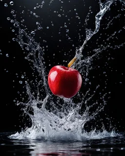 A piece of red apple, thrown into the water, when the piece of apple sinks into the water, splashes of syrup are visible (water splash effect), black background. slow motion effects, long exposure, realistic photo, 8K