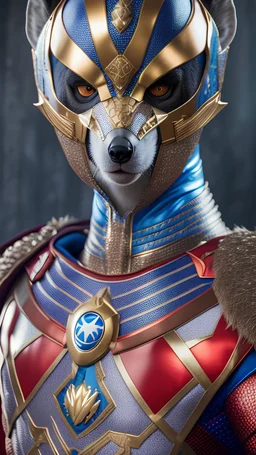 full body portrait of a Superhero Meerkatman, Mask, Head Man Mouth And Nose Hyper Realistic Armor Intricate Detail Novelty Full Body Cinematic 4k