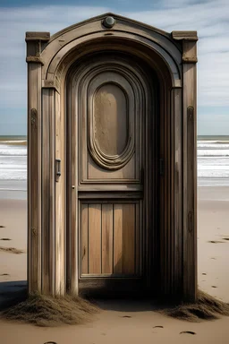 porta di legno che contiene un portale che compare su una spiaggia