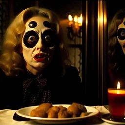 Spooky, ultra realistic distress, dining, ultra realistic hot woman, giant eye, organic hot bondes, dynamic, anguish, excited and lively scene, hypermaximalist figures, Creepy the Ring Alfred Hitchcock, Sam Raimi, insanely detailed, sinister, John Carpenter, Dario Argento, ornate