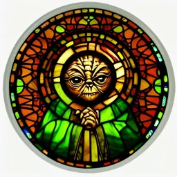 round coaster of yoda with stained glass window effect, highly detailed, intricate, warm colors, stained glass window, glossy from rain, warm lighting, dramatic lighting