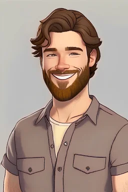 Michael Anderson, a 25 year old single father with approachable demeanor that instantly puts people at ease. With a short, well-groomed beard and kind hazel eyes, he exudes a sense of care and patience. His wavy, light brown hair is often kept tidy but shows signs of his dynamic and creative lifestyle. Michael's smile is infectious, and it brightens up his face whenever he interacts with his children or anyone around him. He's often seen wearing comfortable yet stylish cloth