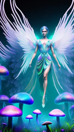 psychedelic angel flying in a magic forest full of coloured mushrooms, fluorescent, ultra detailed, photorealistic, Android Jones style