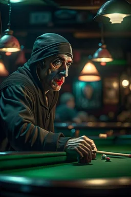 portrait of shady thief ninja playing pool in an d&d style tavern, in the style of fantasy movies, photorealistic, shot on Hasselblad h6d-400c, zeiss prime lens, bokeh like f/0.8, tilt-shift lens 8k, high detail, smooth render, unreal engine 5, cinema 4d, HDR, dust effect, vivid colors