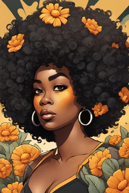 create a comic book art style image with exaggerated features, 2k. cartoon image of a curvy size black female looking off to the side with a large thick tightly curly asymmetrical afro. Very beautiful. With orange and Yellow flowers