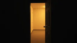 motel door slightly open, dim light inside, empty room, grainy candid photograph, documentary style