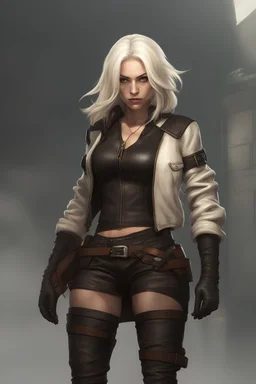 full body female rogue character, white blonde hair, leather clothes, wearing a skirt