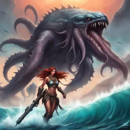 Barbarian warrior woman with a heavy gun gripped tightly in her hands fighting giant monster squid., the spaceship emits eerie, otherworldly sounds that reverberate through the barren landscape. Her regal attire billows behind her as she sprints across the vast, sandy ocean. Its drooly, drooling head looms dangerously close, dripping with acidic saliva.