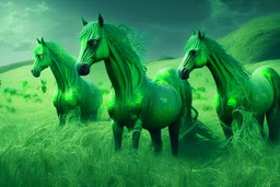 fantasy magical green horses in a field