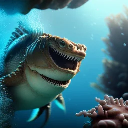 Carnivore sea creature jump out of water,half underwater view close up, unreal engine 5, 8k resolution, photorealistic, ultra detailed