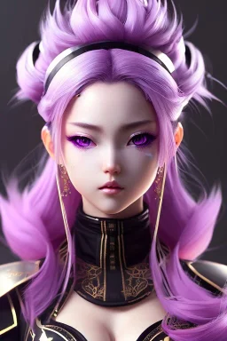 Detailed cute anime Kunoichi girl, purple hair buns, purple bangs, black latex bodysuit, intricate details, full body portrait, keep head in frame, slight smile, black Japanese motif, concept art, highly detailed, digital painting, concept art, sharp focus, illustration, art by Yoji Shinkawa, WLOP and greg rutkowski and alphonse mucha and artgerm and yanjun Chen and Junji ito and Makoto Shinkai, HDR, octane render