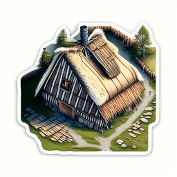 aerial view digital artwork of a Scandinavian longhouse as a sticker