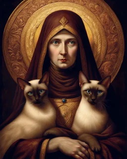 hauntingly illuminated medieval portrait of Saint Gertrude of Nivelles, her serene yet commanding presence radiating from the gilded frame as if stepping through time. Dressed in flowing 7th-century abbess robes of deep burgundy and gold, she cradles two sinuous Oriental Shorthair chocolate point Siamese cats like sacred relics—their piercing blue eyes glowing like sapphires against velvety sepia fur, their angular faces turned toward her with feline reverence. One paw rests on her embroidered s