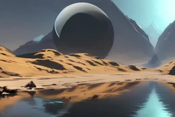 exoplanet, stream, water reflection, people, sci-fi.