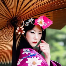 close up of stunning, gorgeous Japanese woman in traditional kimono with intricate flowers and jewels in hair, bamboo umbrella, mist, 8k, high-quality, ultrafine-detail, intricate, mixed media, painting, brian froud, howard lyon, anna dittmann, Greg Rutowski, alphonse mucha