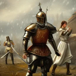 Princess standing. A knight ready to fight. A princes with white dress bowing down. With heavy armor, sword. Realistic details. Crowd in the distance. Guard. Raining cold rain