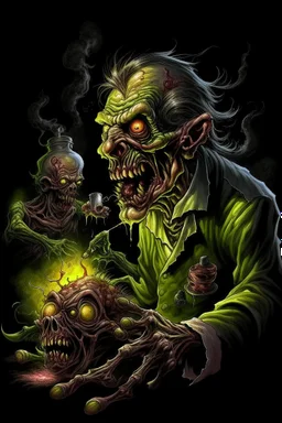 High_Quality_Art Digital Painting of Science experiment Horror Cronenberg Monster zombie creature by Richard Corben, Todd Schorr, T-Shirt Design, Black Background,