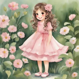 watercolor, full body, cute smile girl, curly hair, big eyes, long brown hair, pink dress, pink shoes, white backgrownd