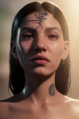 Ultra Realistic image, Rosalía artist, portrait, small complexion, natural small busty, traditional Japanese tattoo, vibrant color, highly detailed, art stations, concept art, smooth, unreal engine 5, god rays, ray tracing, RTX, lumen lighting, ultra detail, volumetric lighting.