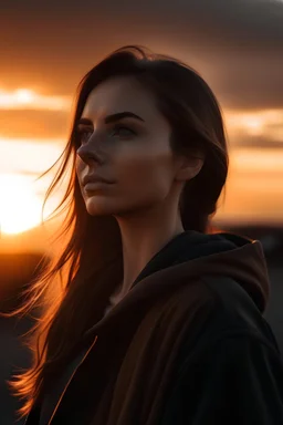 a female model looking dramatically at the sunrise