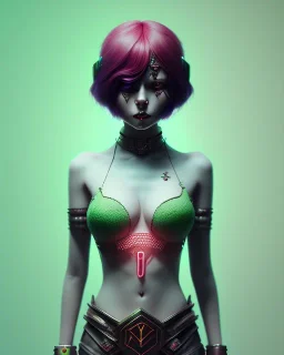 isometric art of a short Demon girl with black horns deep blood red hair and green eyes, deep lighting, harsh pastel gradients, high definition, 3d icon clay render, blender 3d