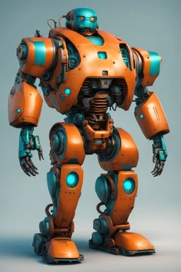futuristic rusted orange and teal fat, obese manual labor, strong, durable AI humanoid full heavy robot with high detail and very neat features
